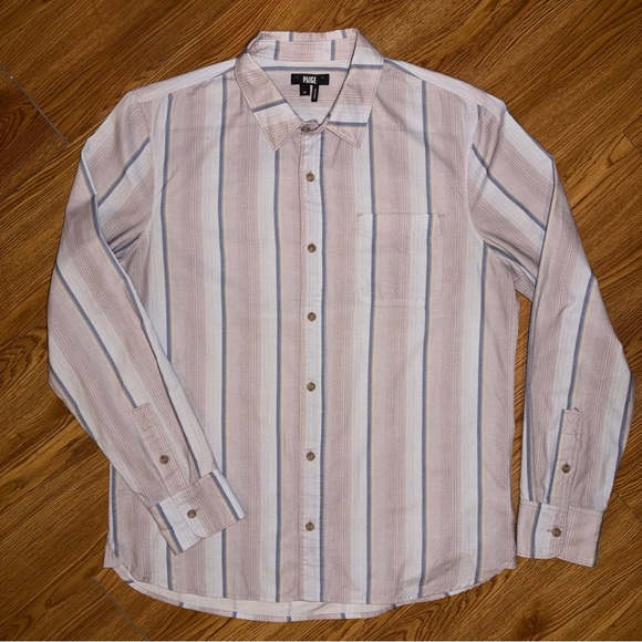Paige Men’s Cooper Stripe Cotton Button Up Ling Sleeve Shirt in Hazy Blush - Picture 3 of 12